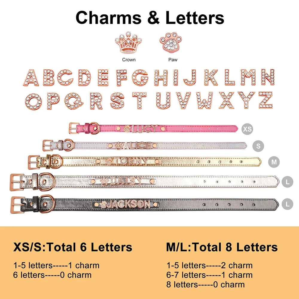 Personalized Leather Dog Collar with Name Charms
